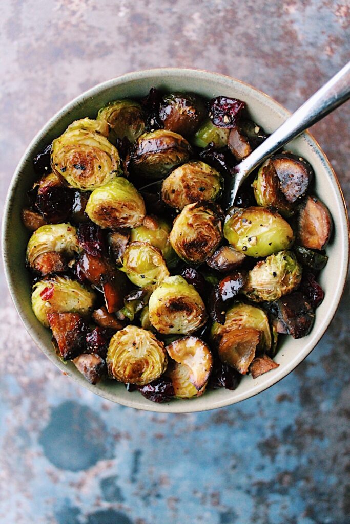 Roasted Brussel Sprouts with Chestnuts and Dried Cranberries {vegan, gluten free}