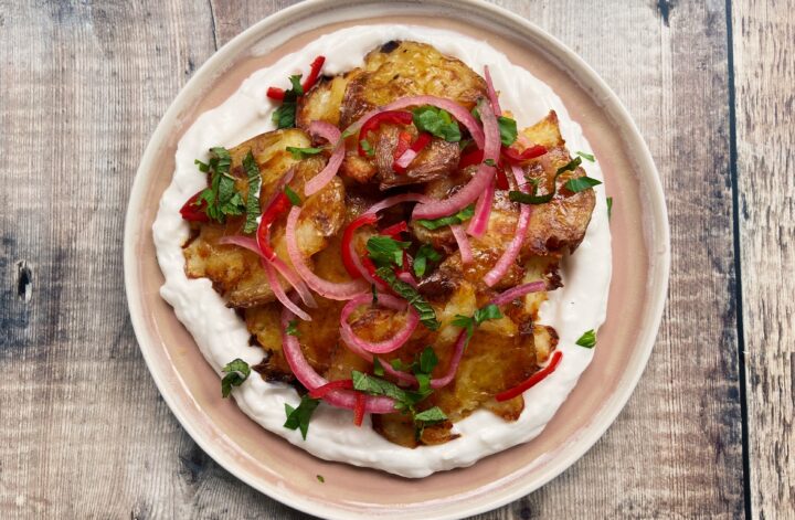 Crispy Smashed Potatoes with Garlicky Yoghurt